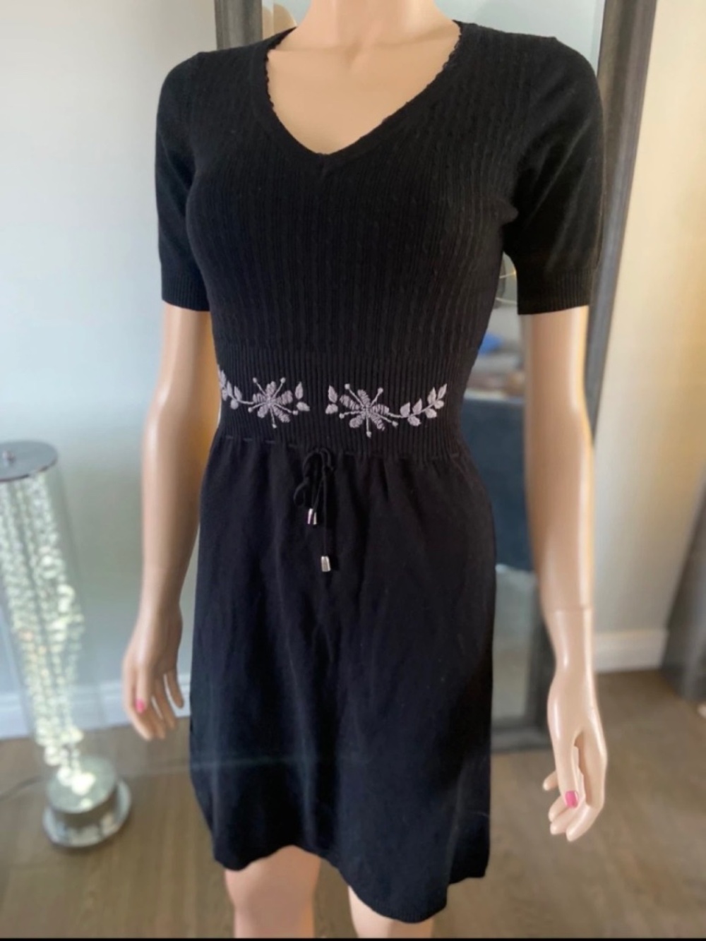 EUC Peppercorn Black Knit Dress with Embroidered Waist - Size XS
